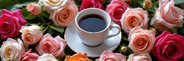 Kolorowe, Kawa, Talerzyk, Róże, Filiżanka, Biała