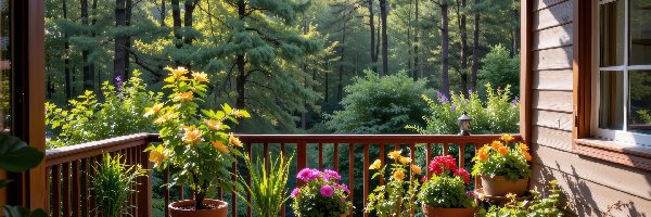 Kwiaty, Balkon, Doniczki, Las, Dom