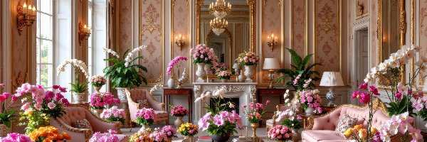 Stół, Sofa, Kolorowe, Bukiety, Salon, Kinkiety, Żyrandol, Kwiaty, Fotele