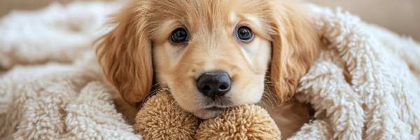 Pies, Golden retriever, Szczeniak, Pled, Spojrzenie