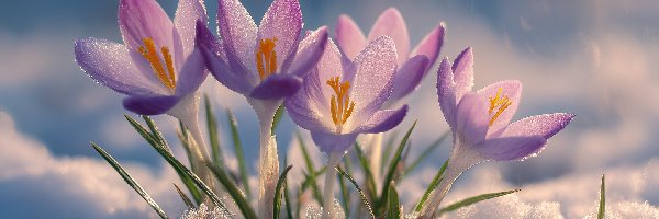 Krokusy, Śnieg, Grafika AI, Fioletowe
