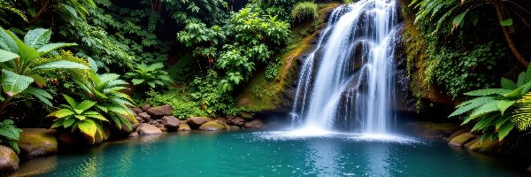 Las, Potok, Wodospad, Rośliny, Kamienie