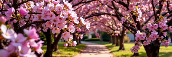 AI, Gałązki, Różowe, Drzewa, Kwitnące, Droga, Kwiaty