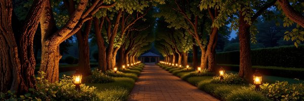 Drzewa, Park, Noc, Latarnie