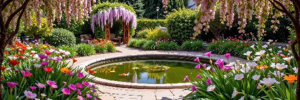 Kwiaty, Kolorowe, Wodne, Oczko, Ogród, Ławki, Pergola, Krzewy, Drzewa