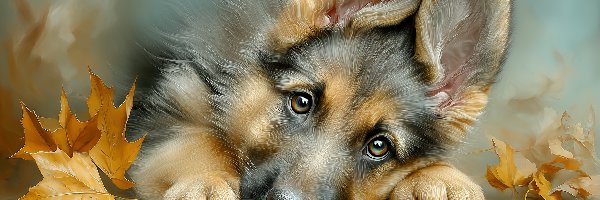 Liście, Pies, Suche, Grafika AI, Szczeniak, Owczarek niemiecki