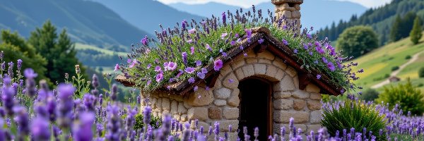 Góry, Kwiaty, Lawenda, Drzewa, Dach, Dom