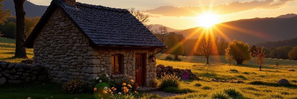 Promienie słońca, Góry, Drzewa, Zachód słońca, Dom, Kwiaty, Trawa