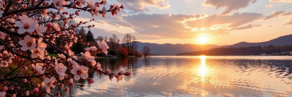 Grafika AI, Różowe, Kwiaty, Gałęzie, Kwitnące, Zachód słońca, Jezioro