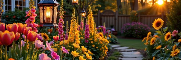 Latarnie, Ogród, Ścieżka, Kwiaty