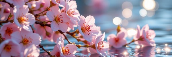 Kwiaty, Odbicie, Gałązki, Różowe