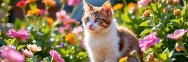 Siedzący, Rudo-biały, Kot, Kwiaty, Kolorowe