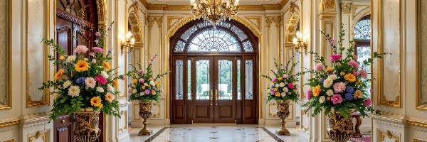 Drzwi, Kolorowe, Kwiaty, Bukiety, Hol, Żyrandol, Wazony