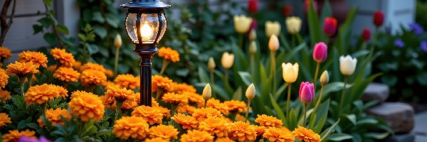 AI, Kwiaty, Aksamitki, Latarnia, Ogród, Bluszcz, Tulipany