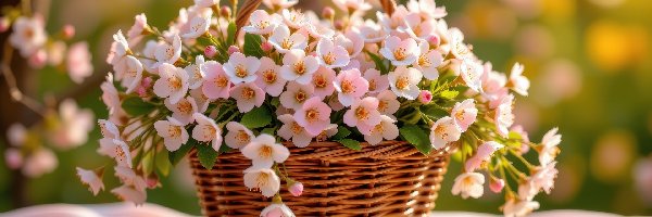 Kwiaty, Koszyk, Wiklinowy, Jasnoróżowe