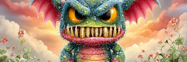 Oczy, Duże, Zęby, Grafika AI, Stworek, Kolorowy