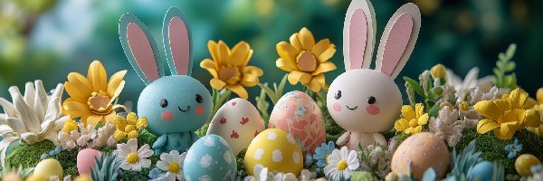 Pisanki, Zajączki, Kwiaty, Wielkanoc