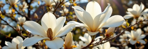 Gałązki, Białe, Kwiaty, Promienie słońca, Krzew, Magnolia