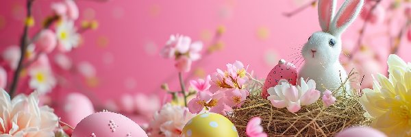 Pisanki, Różowe, Kwiaty, Zając, Żółte, Gniazdo, Biały, Wielkanoc