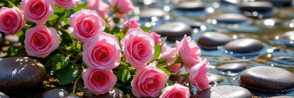 Róże, Woda, Kamienie, Różowe