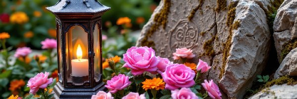 Lampion, Róże, Kwiaty, Kamień, Aksamitki
