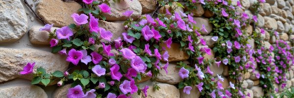 Mur, Pnące, Kamienie, Kwiaty, Purpurowe