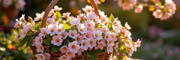 Kwiaty, Koszyk, Wiklinowy, Jasnoróżowe
