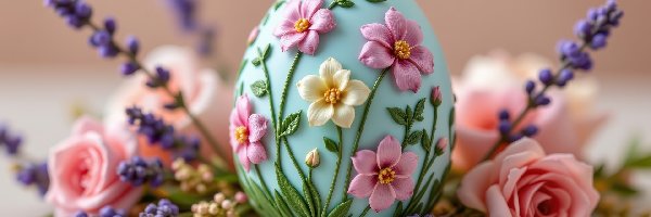 Różowe, Niebieskie, Lawenda, Kwiaty, Pisanka, Różowe, Żółte, Wielkanoc, Jajko, Róże