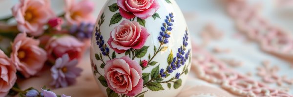 Różowe, Pisanka, Serweta, Kwiaty, Jajko, Róże, Fioletowe, Wielkanoc