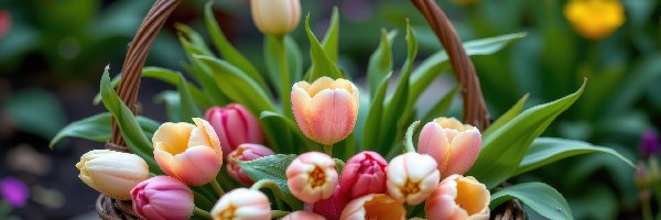 Tulipany, Koszyk, Wiklinowy, Kolorowe