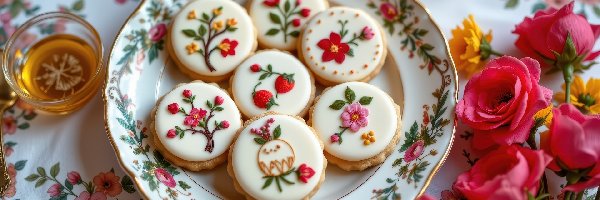 Ciasteczka, Kwiaty, Talerz, Lukrowane