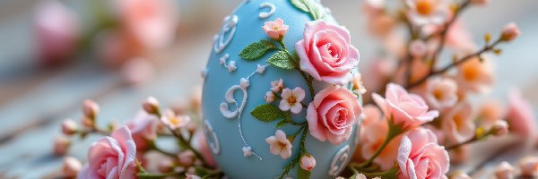 Kwiaty, Pisanka, Różowe, Niebieska, Wielkanoc, Gałązki, Róże