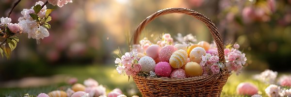 Grafika AI, Jajka, Pisanki, Koszyk, Wielkanoc, Drzewo owocowe, Kwiaty