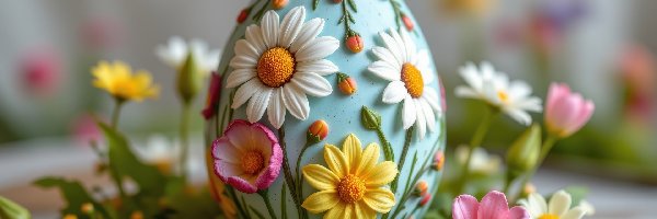 Kwiaty, Niebieska, Tulipany, Stokrotki, Pisanka, Białe, Żółte, Wielkanoc