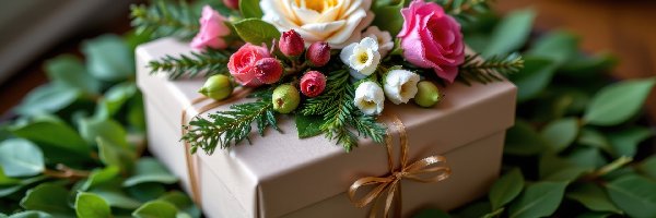 Wstążka, Liście, Kwiaty, Prezent