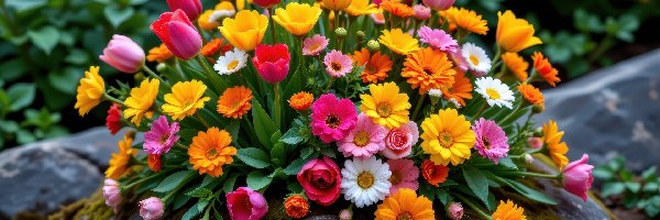 Kolorowe, Bukiet kwiatów, Kamień, Kwiaty