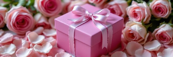 Kwiaty, Prezent, Kokarda, Pudełko, Różowe, Płatki, Róże