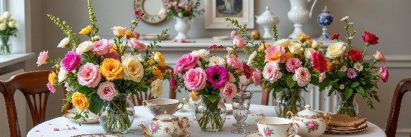 Stół, Wazony, Szklane, Kwiaty, Bukiety, Porcelana, Zastawa