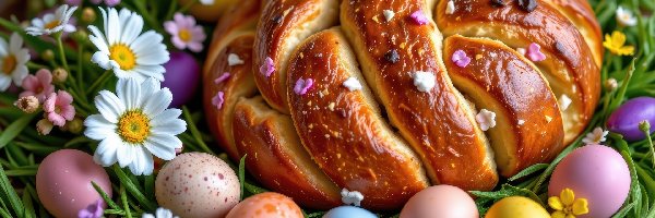 Chleb, Pisanki, Kolorowe, Wielkanoc, Kwiaty
