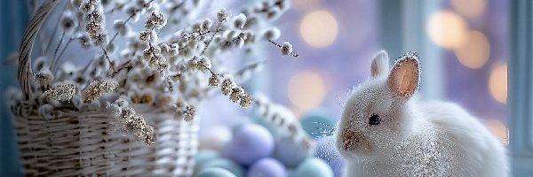 Grafika AI, Koszyk, Bazie, Królik, Biały, Wielkanoc, Jajka