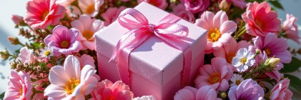 Kolorowe, Różowa, Wstążka, Kwiaty, Prezent, Pudełko