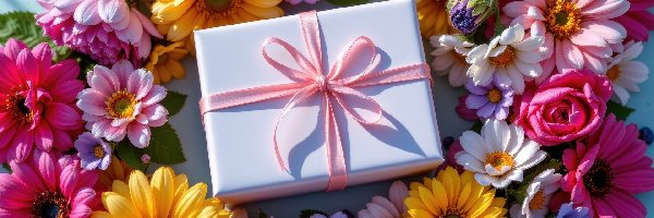 Kwiaty, Wstążka, Kolorowe, Gerbery, Różowa, Prezent