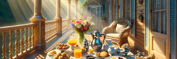 Przebijające światło, Stół, Fotel, Grafika AI, Taras, Dom