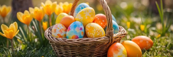 Krokusy, Kolorowe, Pisanki, Koszyk, Wielkanoc, Kwiaty, Trawa