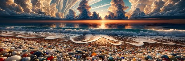 Grafika AI, Kamienie, Morze, Kolorowe, Plaża, Chmury, Niebo