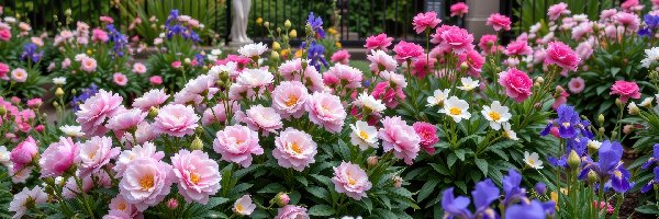 Kwiaty, Irysy, Piwonie, Ogród