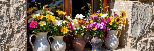 Okno, Kolorowe, Parapet, Dzbanki, Kwiaty