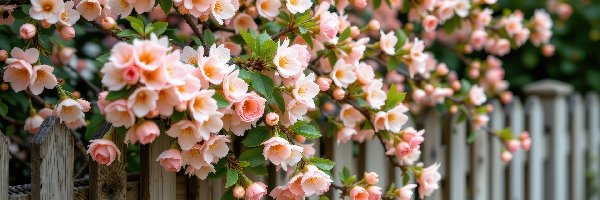 Jasnoróżowe, Gałązki, Kwiaty, Płot, Drzewo owocowe