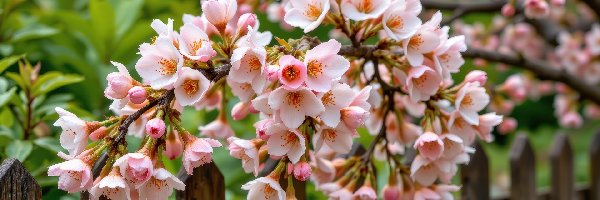 Gałązka, Kwiaty, Jasnoróżowe, Płot, Drzewo owocowe