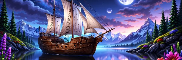 Księżyc, Góry, Rzeka, Grafika AI, Żaglowiec, Kwiaty